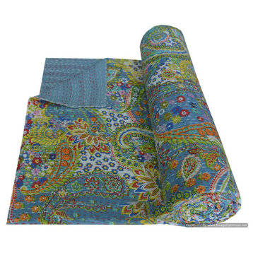 Twin Size Paisley Kantha Quilt Indian Reversible Bedspread Bedding Throw Blanket