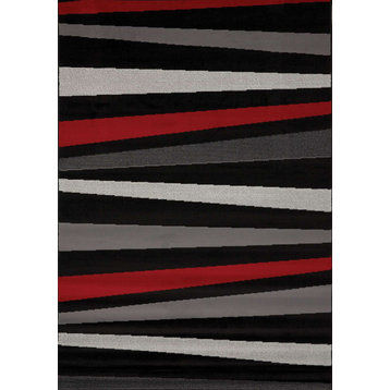 Florence Collection Black Gray Red Angled Stripes Rug, 5'3"x7'4"