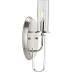 Progress Lighting - Riley Collection Brushed Nickel 1-Light Wall Bracket - Incorporate a sleek simplicity and natural beauty with the Riley Collection's One-Light Brushed Nickel Wall Bracket. A clear glass shade offers stunning illumination. The shade rests on a gorgeous dual-toned frame with a brushed nickel finish and touches of polished nickel accents. Ideal for new traditional or contemporary settings.