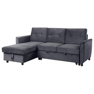 Sectional Sleeper Sofa, Grey Velvet Seat With Slightly Tufted Back Cushions