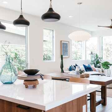 Open-Plan Coastal Living and Dining Room with Blue Accents