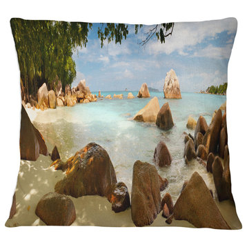 Tropical Rocky Beach Panorama Landscape Printed Throw Pillow, 18"x18"