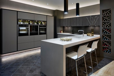 This is an example of a medium sized contemporary kitchen in Other with an integrated sink, flat-panel cabinets, grey cabinets, concrete worktops, grey splashback, glass sheet splashback, black appliances and grey worktops.