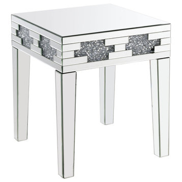 Contemporary End Table, Glam Mirrored Design With Faux Crystal Inlay Accents