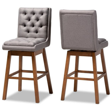 Bowery Hill 31" Fabric Tufted Swivel Bar Stool in Gray and Walnut (Set of 2)