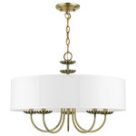 Livex Lighting - Livex Lighting 5 Light Antique Brass Pendant Chandelier - The five-light Brookdale pendant chandelier combines floral details and casual elements to create an updated look. The hand-crafted off-white fabric hardback drum shade is set off by an inner silky white fabric that combines with chandelier-like antique brass finish sweeping arms which creates a versatile effect. Perfect fit for the living room, dining room, kitchen or bedroom.