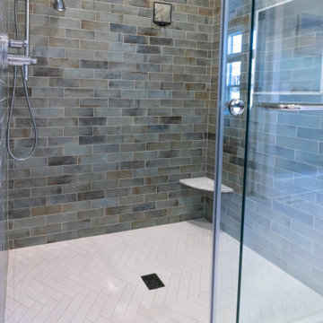 Primary Bathroom Remodel with Herringbone Flooring + Custom Shower