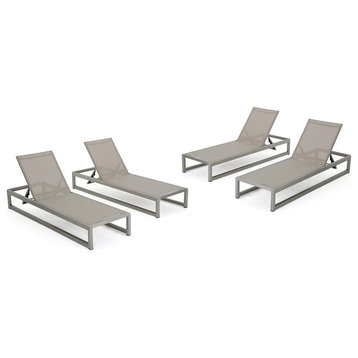 Set of 4 Patio Chaise Lounge, Breathable Seat With Adjustable Back, Grey/Silver