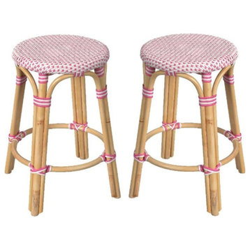 Home Square 24" Rattan Round Counter Stool in White and Pink - Set of 2