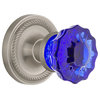Rope Rosette Privacy Crystal Cobalt Glass Knob, Satin Nickel