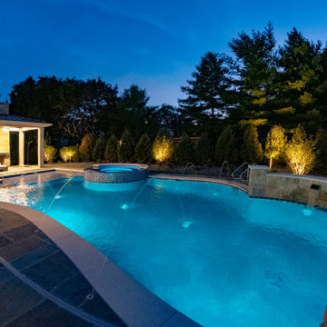 Naperville, IL freeform swimming pool with hot tub, large sunshelf, glass tile