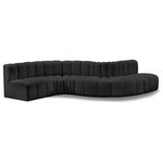Meridian Furniture - Arc Vegan Leather Upholstered 6-Pc. S-Shaped Modular Sofa, Black - Unleash modern opulence with the Arc Vegan Leather 6pc. Sectional. Crafted for the modern connoisseur, this Sectional injects an air of refined luxury into any space. Its sleek silhouette, upholstered in supple black vegan leather, exudes timeless sophistication while the deep channel tufting adds textural intrigue, further elevating the chair's visual appeal. The modular design makes it a versatile chameleon, effortlessly adapting to your evolving needs and preferences. Whether you envision it gracing a chic living room corner, basking in the glow of a bedroom window, or adding a touch of drama to a home office, the Arc seamlessly complements your unique interior aesthetic.