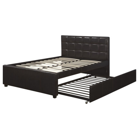 Multi Utility Full Bed With Trundle Squ Tufted Head Boards Espresso,Black
