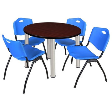 Kee 36" Round Breakroom Table, Mahogany/Chrome and 4 "M" Stack Chairs, Blue