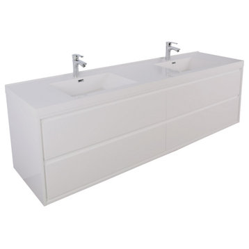 MOM 72" Wall Mounted Vanity With 4 Drawers and Acrylic Double Sink, Glossy White