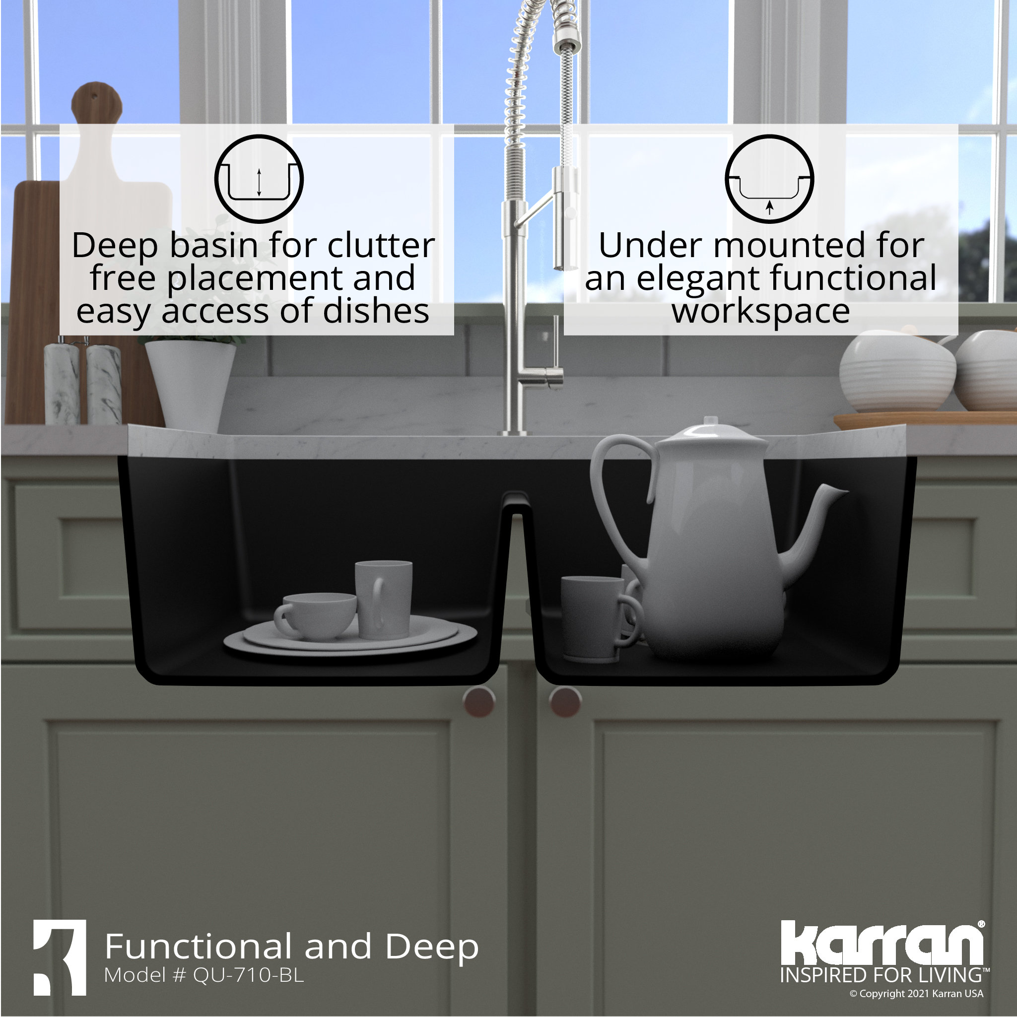 Karran Undermount Quartz 32" 50/50 Double Bowl Kitchen Sink Kit, Black