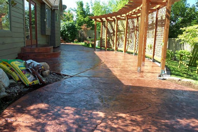 Imagen de patio actual de tamaño medio en patio trasero con losas de hormigón y pérgola