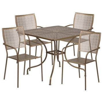 Flash Furniture 5 Piece 36" Square Steel Flower Print Patio Dining Set in Gold