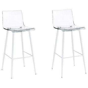 A La Carte Set of 2 Clear Acrylic Bar Stools With White Metal Base
