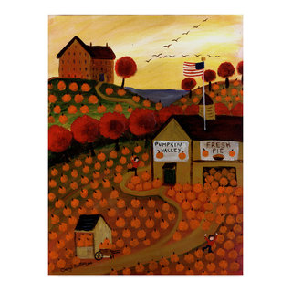 Pumpkin Red Barn Folk Art On Canvas by Cheryl Bartley Print