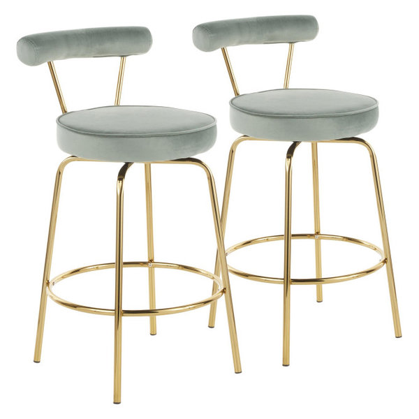 Rhonda Counter Stool, Set of 2, Gold Metal, Sage Green Velvet