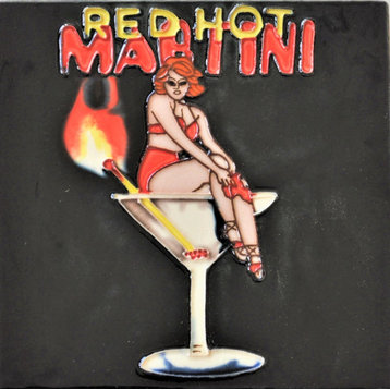 6x6" Red Hot Martini Girl Ceramic Art Tile Hot Plate Trivet and Wall Decor