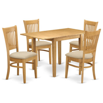5Pc Dinette Set For Small Spaces, Table, 4 Chairs, Linen Fabic Seat, Oak