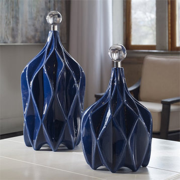Bowery Hill 2 Piece Geometric Bottle Set in Cobalt Blue and Nickel