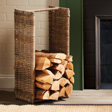 Tall Rattan Open Log Stacking Basket Firewood Holder 30 in Fireplace Cottage