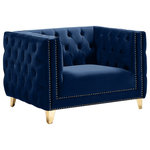 Meridian Furniture - Michelle Fabric Upholstered Chair, Gold Iron Legs, Navy, Velvet, Chair - Upholstered in soft navy velvet, this Michelle chair is sumptuously glamorous. Designed for upscale living, this chair features rich gold nail head trim and gold iron legs that keep it grounded in contemporary beauty. Tufted material covers every inch of this unit, and button tufting ensures that the unit stays plump and comfortable and holds up well to continual use. Pair it with other items in the collection for a cohesive look.