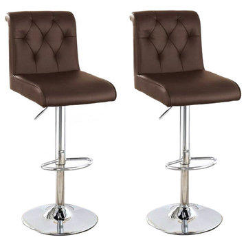 Adjustable Barstool With Rolled Button Tufted Back, Set of 2, Brown