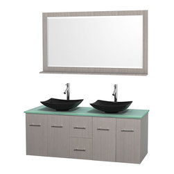 Wyndham - Centra 60" Gray Oak Double Vanity, Green Glass Top, 58", Arista Black Granite - Bathroom Sinks