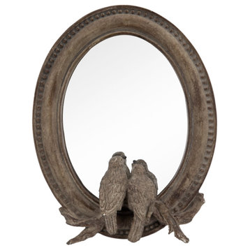 Benzara BM285549 10" Resin Oval Accent Table Mirror, Perched Birds, Dark Bronze