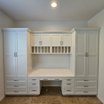 Custom Built-In Shaker Cabinetry with Desktop, Open Cubbies, Wardrobe Storage