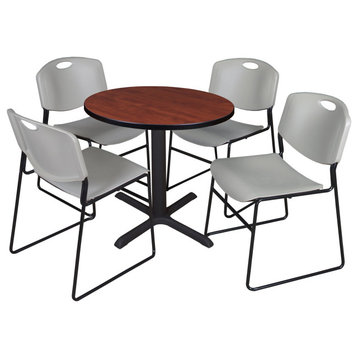 5 Pieces Dining Set, Laminated Round Table & 4 Contoured Chairs, Gray/Cherry