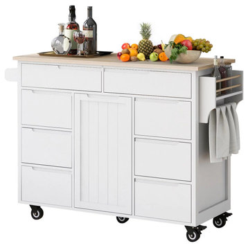 Large Kitchen Cart, Multiple Drawers & Cabinets With Natural Wood Top, White