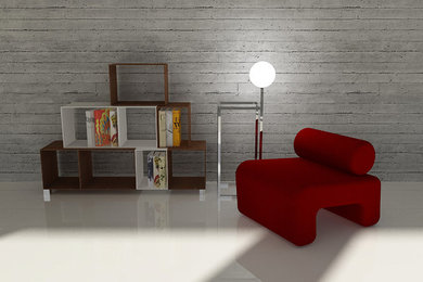 Ispirazione per un piccolo soggiorno design aperto con libreria e pavimento bianco