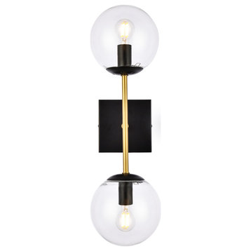 Neri 2 Lights Black And Brass And Clear Glass Wall Sconce