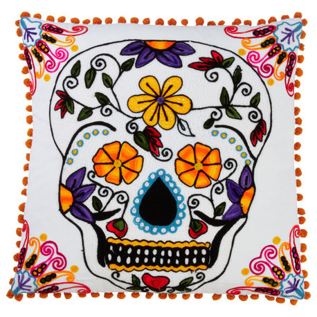 Sugar Skull Design Down Filled Pillow, 18"x18", White