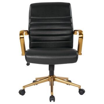 Mid-Back Faux Leather Chair With Gold Arms and Base, Black