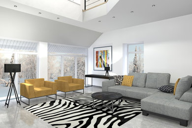 На фото: большая открытая гостиная комната в современном стиле с домашним баром, белыми стенами, полом из керамогранита, телевизором на стене и серым полом без камина с