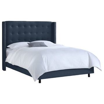 Kerry Queen Nail Button Tufted Wingback Bed, Linen Navy