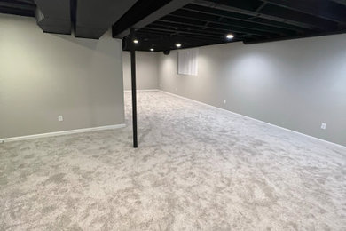 Example of a mid-sized minimalist look-out carpeted, gray floor and exposed beam basement design in Cleveland with gray walls