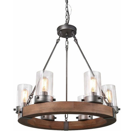 LALUZ 6-Light Wood Chandeliers Rustic Pendant Lighting Circular Ceiling Lights