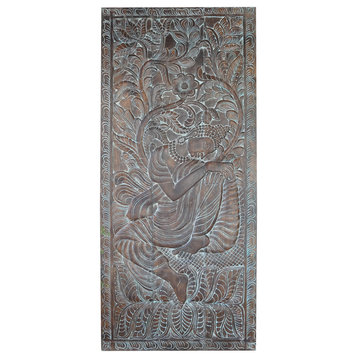 Consigned Rustic Carved Budha Barndoor, Buddha Barn Door, Hanging Door