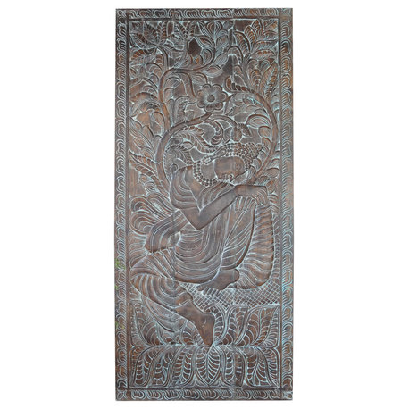 Consigned Rustic Carved Budha Barndoor, Buddha Barn Door, Hanging Door