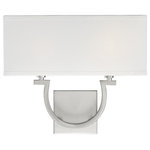 Savoy House - Rhodes 2-Light Satin Nickel Sconce - With the casual charm of an elongated horseshoe shape, the Rhodes Collection is an ideal space-saving solution in a variety of traditional and transitional interiors. Measuring 14" wide x 12" high x 4" extension, the two-light wall sconce offers ample illumination from two 60-watt candelabra bulbs. A White Linen shade keeps the look neutral while the Satin Nickel finish provides more contemporary allure.