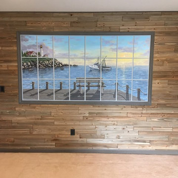 New England Harbor Town Mural, hand painted throughout a lower level