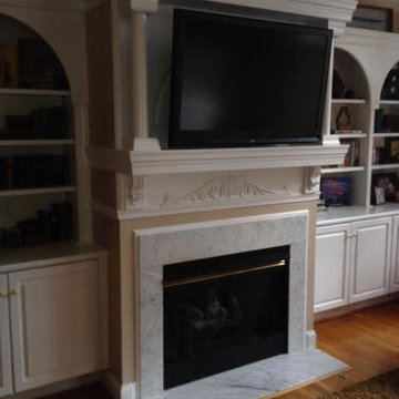 Gas fireplace makeover with tiny stone facing