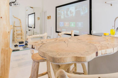 Small urban galley vinyl floor and white floor eat-in kitchen photo in Houston with open cabinets, white cabinets, wood countertops, white backsplash, metal backsplash, white appliances, an island and white countertops